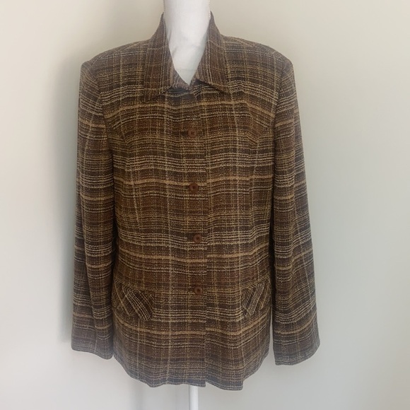 Vintage Plaid Blazer Jacket Brown Tan 14 Plus Size 70’s Preppy Classic Casuall - Picture 4 of 11